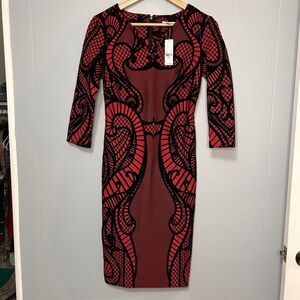 New york & company red Pencil Stretch Velveteen Feel Party Dress 3/4 Sleeve (xs)
